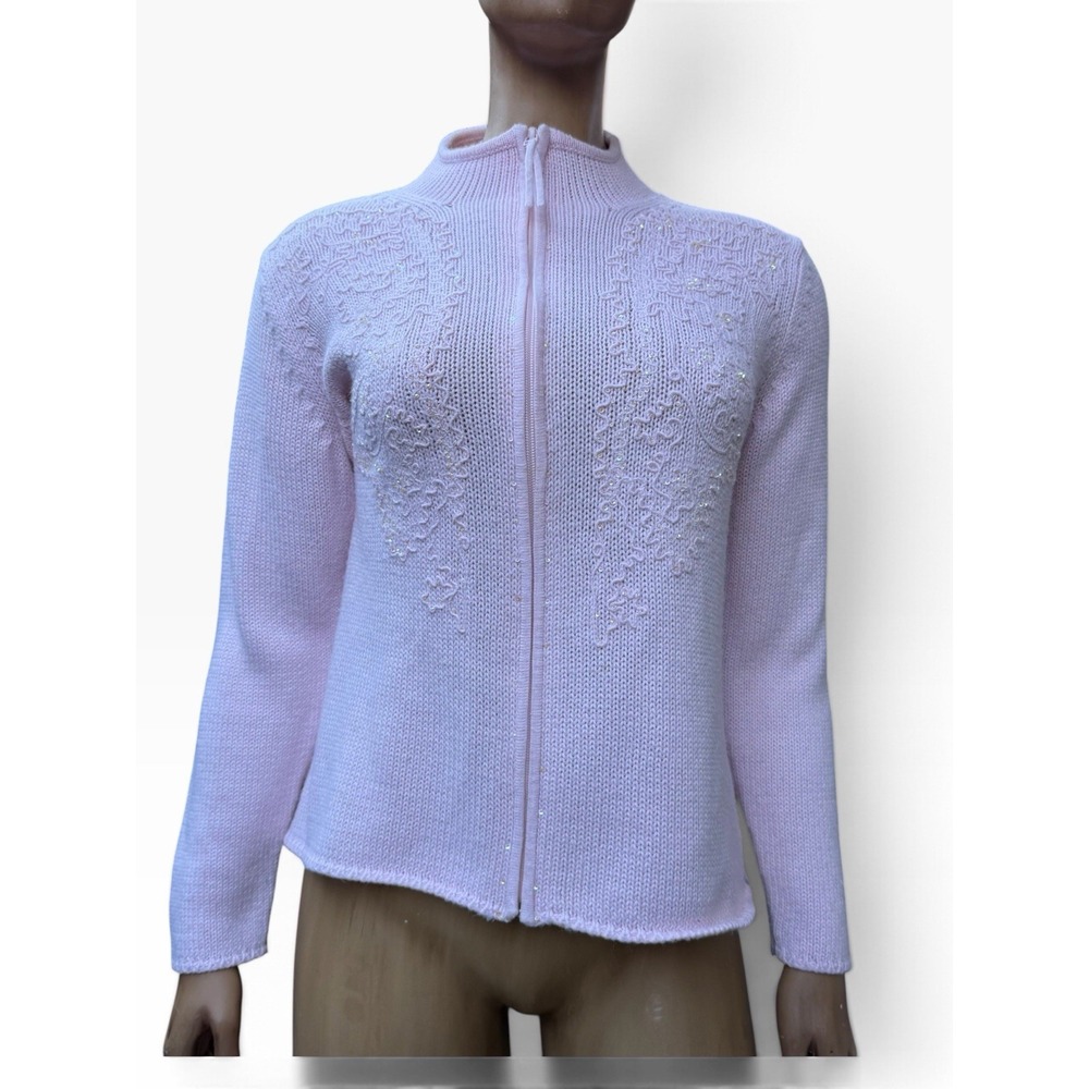 Vintage Tabi Pink Zip Knit Cardigan Sequins Embroidery Coquette Mock Neck M - Picture 2 of 10